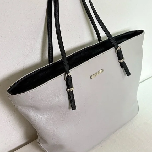 NINE WEST Vintage 90s Y2K faux leather light grey minimalist neutral tote bag - Picture 10 of 16